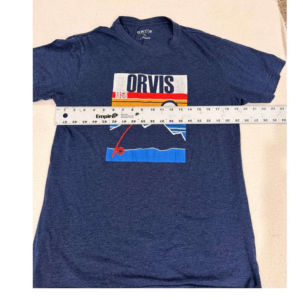 Orvis Mens Graphic T-Shirt Navy Blue Fly Fishing Mountain Scene Size M (696) - Picture 3 of 5
